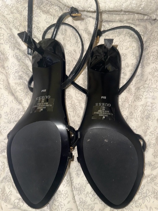 GUESS Black Patent Pointed-Toe Strappy Heels with Gold Accents